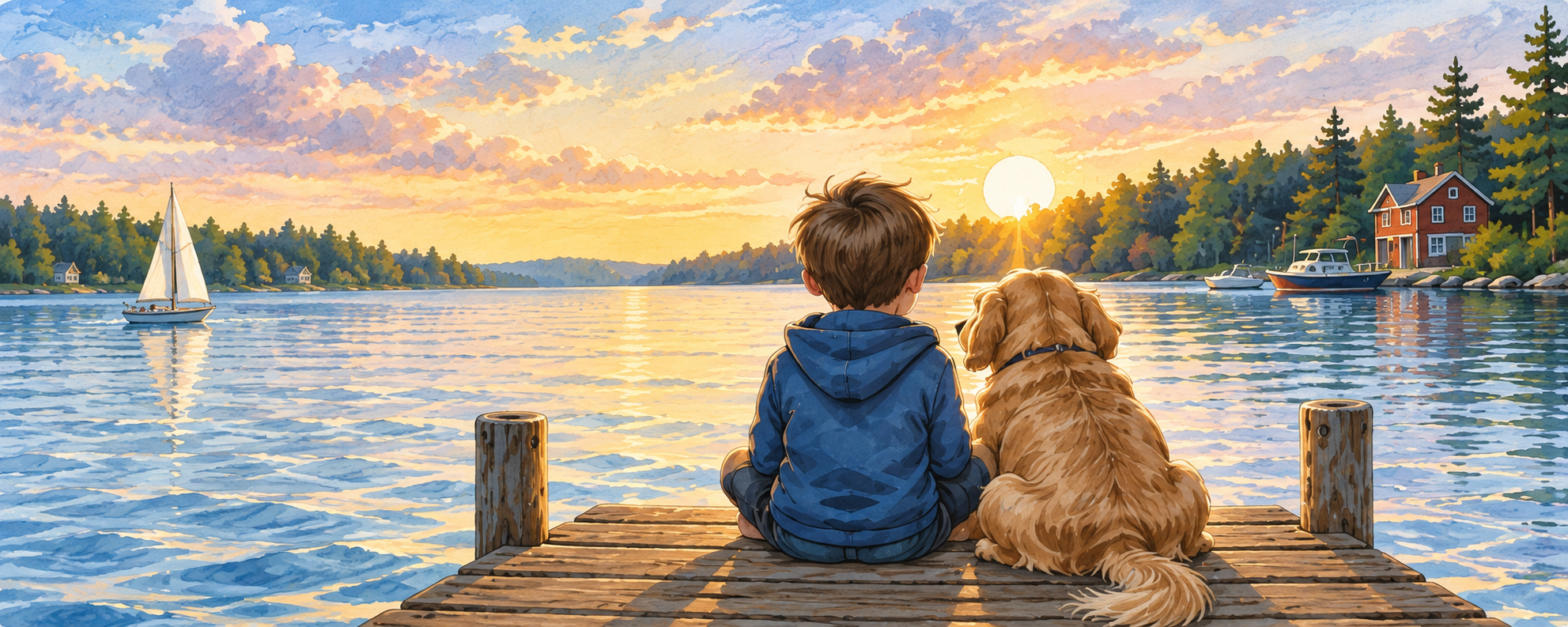 A child and dog watching the sunset on a lake