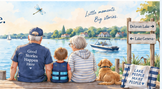A family sharing a story beside a lake