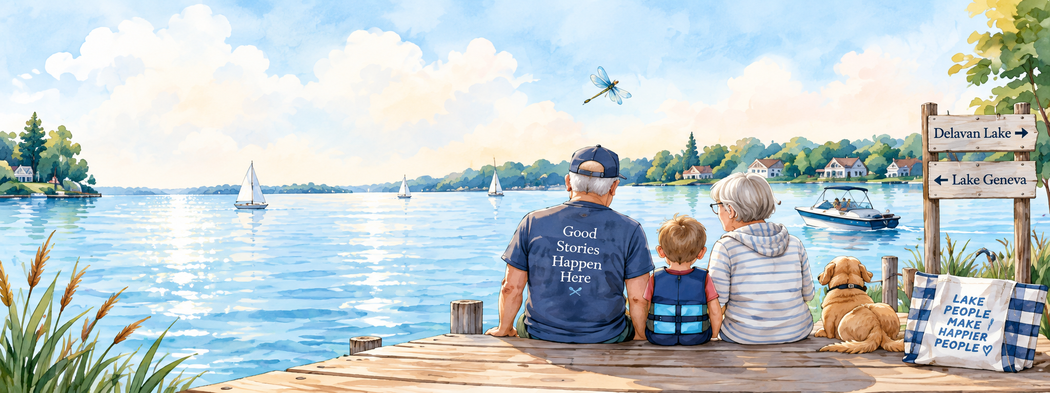 A family sharing a story beside a lake